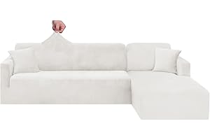CHELZEN Velours Housse de Canapé Peninsula en Forme de L, 2 Pièces Housses de Canapé d'angle, Housse de Canapé pour Chaise Longue avec Deux Taies d'oreiller (3 Place+4 Place, Blanche)