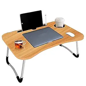 CREAT Foldable Bed Study Table Portable Multifunction Laptop Table Lapdesk for Children Bed Foldabe Table Work Office Home with Tablet Slot & Cup Holder Bed Study Table(Wood)