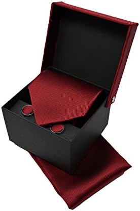 Sweet LeafBurgundy Red Men's Tie, Handkerchief and Cufflinks Set - 100% Silk - Classic, Elegant and Modern - (Necktie set Gift Box, ideal for a wedding, with a suit, at work ...)