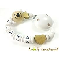 Schnullerkette mit Namen in weiß / gold mit Bär, Krone und Herz