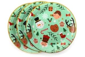 SPARKLES PARTYWARE Christmas Plates Pack of 10 Green with Christmas Character Pattern Elf Snowman Reindeer - Fun Kids Christmas Party Table Decoration