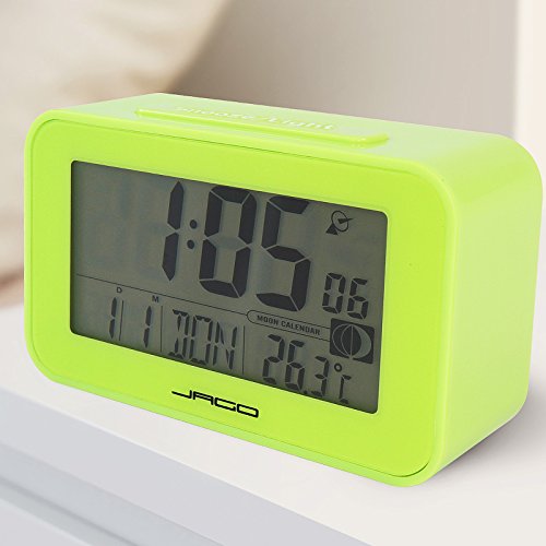 Jago Funkwecker mit Mondkalender und Temperaturanzeige mit LED-Hintergrundbeleuchtung und LCD-Display in vier verschiedenen Farben inkl. Snooze-Funktion und Datum Wochentag - 8