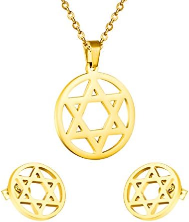 LUXUSTEEL Men's Jewery Set(Pendant and Earring Studs),Jewish Star Shape of 316L Stainless Steel with 18K Gold Plating.