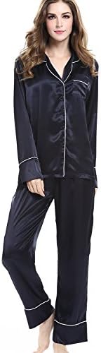 ROSEHUI Womens Satin Pajamas Set Long Sleeve Button Down Sleepwear with Pants Navy XXL