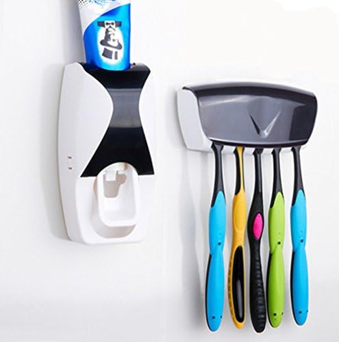Toothbrush Dispensers ,AUKAY kids Hands Free Toothpaste Dispenser children Automatic Cartoon Cute Animal Toothpaste Squeezer Toothbrush Holder Set Good Gift for Children(5 Brush Holder, Black)