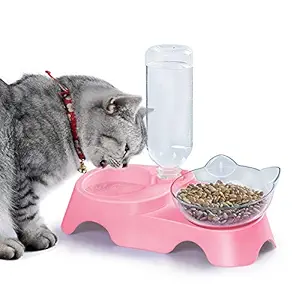 HUAXU Double Dog Cat Bowls - Pets Water and Food Bowl Set, 15?Tilted Water and Food Bowl Set with Automatic Waterer Bottle for Small or Medium Size Dogs Cats