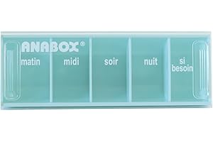 Anabox - Pilulier journalier 5 compartiments - Organisateur de médicaments quotidien Bleu Pastel - Cases Matin Midi Soir Nuit + Urgence - Système sécurisé - Lavable lave-vaisselle