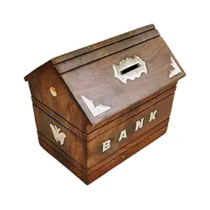 SHEEN TRADERS Hut Shaped Piggy Bank for Diwali Gifts, Adults Wooden Money Bank Coin Box for Kids with Lock for Boys, Girls & Adult - (Hut Shape 6 Inches)