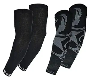 VT VIRTUE TRADERS Men & Women Cotton Sports Arm Sleeves (Pack of 2 Pairs, Black Print and Black)