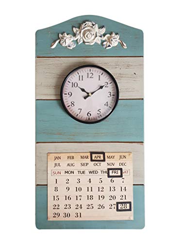 DynaSun Art Calendar 29.5 x 58 cm Reloj con Calendario de Pared de Madera y Metal Vintage Estilo Retro decoración casa salón Cocina Efecto Antiguo Shabby Chic