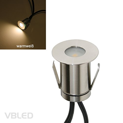 VBLED® Mini Boden-Einbaustrahler 0.6W LED, Warm-weiß, 14 Lumen, IP67 wassergeschützt, Edelstahl - Rostfrei & Robust - Einfache Montage in Terrassen, Steinen, uvm (Einzel - ohne Netzteil)