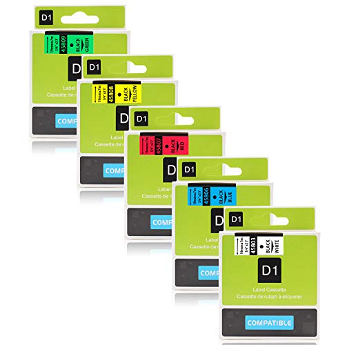 Labelwell 5x Couleurs Ruban Compatible DYMO D1 45803 45806 45807 45808 45809 Étiquette pour Dymo LabelManager 360D 420P 450D 500TS MobileLabeler PnP Wireless LabelWriter 450 Duo Etiqueteuse, 19mm x7m
