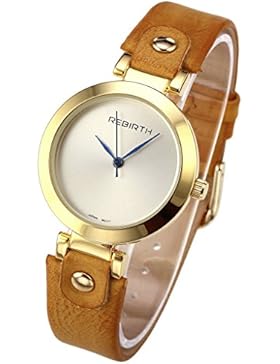 JSDDE Armbanduhr Lederband Rund Uhr blau Zeiger 30M Wasserdicht Mineralglas Quarzwerk Analog Damen Braun