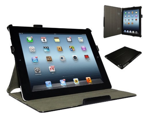 iPad 4 Hülle & iPad 3 Hülle | Smart Cover aufstellbar | Handschlaufe & Stylus-Halterung Luxus Leder für Apple Tablet 9 7 Zoll | Original Adento Marken-Design | Schwarz