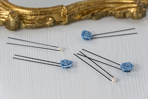 12x Haarschmuck Rosen hellblau & Perlen creme Braut Haarnadeln Hochzeit Kommunion Blumenkinder HS0006