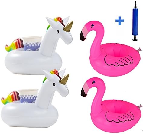 Inflatable Drink Float Holders - 4 Pack Unicorn and Flamingo Swan Drink Can Holder with Air Pump for Swimming Pool Beach Party - By WonderforU (Unicorn+Flamingo)