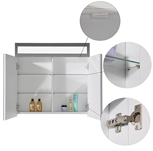Eurosan 2-türiger Spiegelschrank, Superflache, Integrierte LED-Frontbeleuchtung, Breite 80 cm, Weiß, Paris, P80 - 3