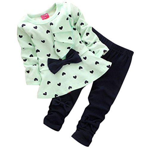 Covermason New Baby Sets Heart-shaped Print Bow Cute 2PCS Kids Set (6-12M, Green)