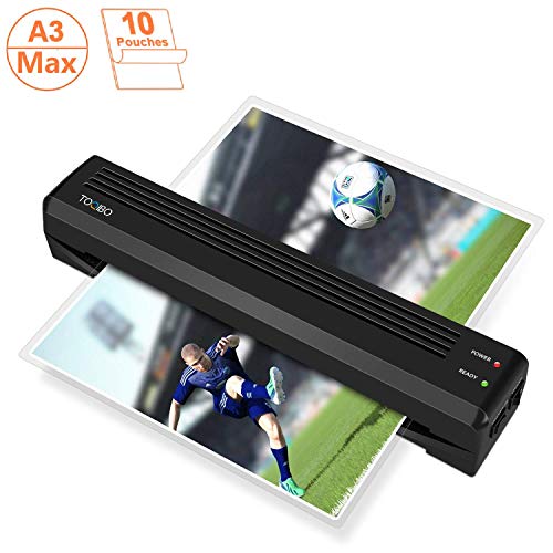 Plastificadora A3, TOQIBO Laminadora con 2 rodillos de 250mm / min Rápido Calentamiento de Laminado, 340mm A4 de Ancho Máximo para Documentos/Fotos / Tarjetas de Mano + 10 Fundas de plastificar