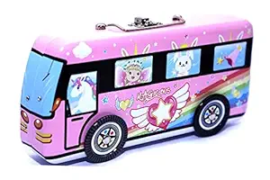 Toys League Pink Metallic Bus pencil box with wheels and Dual Compartment