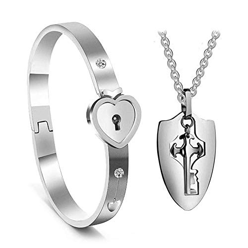euwanyu Concentric Lock Couple Bracelet Hypoallergenic Fashion Titanium Steel Bracelet Necklace for Lover Sweetheart Husband Wife (Heart Bracelet&Shield Key Necklace)