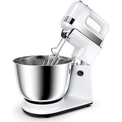 COSTWAY Robot Pâtissier Petrin Haut Puissance 4L Bol en Acier Inox. avec 5 Vitesses Robot Cuisine Multifonction Inclus. 2 Batteurs et 2 Crochets Base de Pétrisseur avec Ventouse Plus Stable Blanc