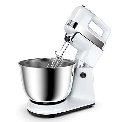 COSTWAY Robot Pâtissier Petrin Haut Puissance 4L Bol en Acier Inox. avec 5 Vitesses Robot Cuisine Multifonction Inclus. 2 Batteurs et 2 Crochets Base de Pétrisseur avec Ventouse Plus Stable Blanc