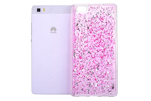 Für Huawei P8 Lite 2016 5.0 Zoll Hülle Glanz ,SKYXD Blattgold Funken Flocken Pailletten Design Schutzhülle Weiche TPU Transparent Silikon Handyhülle mit [ Krone Staubstecker + Eingabestift ] Glitzer Kristall Handytasche Schick Klar Zurück Haut Schlank Etui Schale Fall – Pink - 3