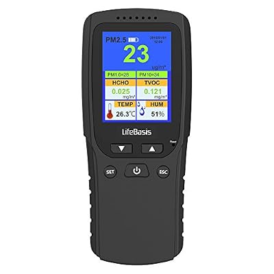 LifeBasis Moniteur de Qualité de l'Air, Tests Précis PM2.5 Détecteur de Particule Formaldéhyde (HCHO) avec PM1.0 / PM10 / TVOC / TEMP / HUM / AQI Multi-Test pour Voiture / Intérieur / Plein Air