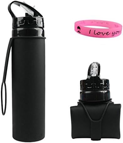 Zimingu Foldable Water Bottle Medical Silicone Water Bottle - BPA Free, 600ML / 21OZ FDA Tested Portable and leak-proof sports bottle for outdoor travel cycling hiking camping and picnic (Black)