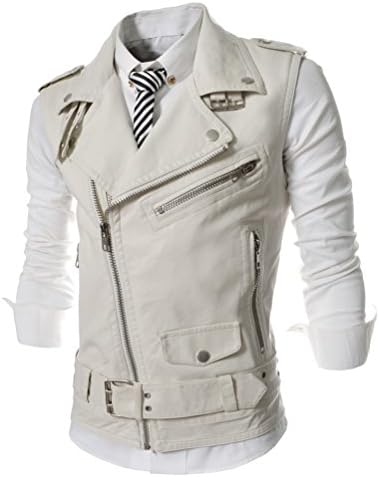 CeRui Men's Basic Motorcycle Jacket Vest Leather Waistcoat Size 2XL White