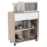 Mueble auxiliar para microondas con: cajón con sistema push, compartimento abierto con una balda regulable y compartimento cerrado que también incluye balda regulable en el interior.