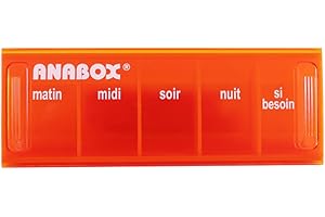 Anabox - Pilulier journalier 5 compartiments - Organisateur de médicaments quotidien Orange - Cases Matin Midi Soir Nuit + Urgence - Système sécurisé - Lavable lave-vaisselle