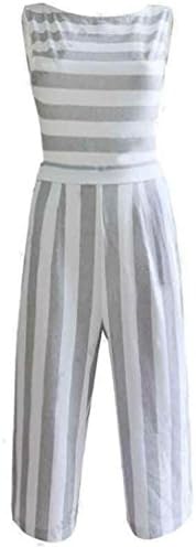 Hmeng Women Stripe Print Sleeveless Casual Wide Leg Jumpsuit Romper Cropped Trouser Style (White, XL)
