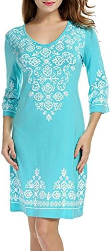Kangrun Women 3/4 Sleeve Summer Dress Round Neck Basic Dress Retro African Floral Dress Oversized Bodycon Tee Dresses Flowy and Coay Print Tunic Simple A-Line T Shirt (Sky Blue, XL)