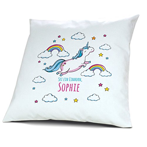 Kopfkissen mit Namen Sophie - Motiv Sei ein Einhorn, 40 cm, 100% Baumwolle, Kuschelkissen, Liebeskissen, Namenskissen, Geschenkidee