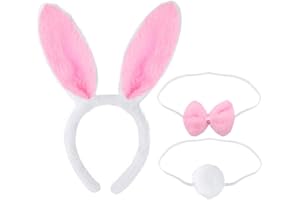HNJUSR Cerchietto Orecchie Coniglio Set,Fascia Capelli Orecchie da Coniglio Peluche,Cerchietti Coniglio Coda Coniglietta Papillon Pasqua,Halloween Natale Bambini Adulti Cosplay Accessori Costume-Bianco Rosa