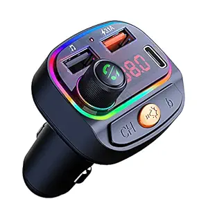 Zedello v5.0 Car Bluetooth Device with FM Transmitter Radio Audio Adapter with 3 USB Port PD / QC3.0 Fast Charge, 7 RGB Backlight Hands-Free Calls Supports, USB MP3 Audio Playback