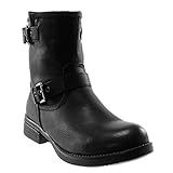  Angkorly - Zapatillas Moda Botines Botas Biker Motociclistas Mujer Hebilla Tanga Tacón Ancho 3 CM Ligeramente Forrada de Piel - Negro C381 T 38