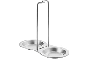 Vamotto Vertical Spoon Rest Holder with Two Resting Dishes, Stainless Steel Soup Ladles Holders, Standing Spoon Racks for Hotpot Restaurant, Buffet, Fast Food Restaurant, Kitchen Decor Tool (Silver)
