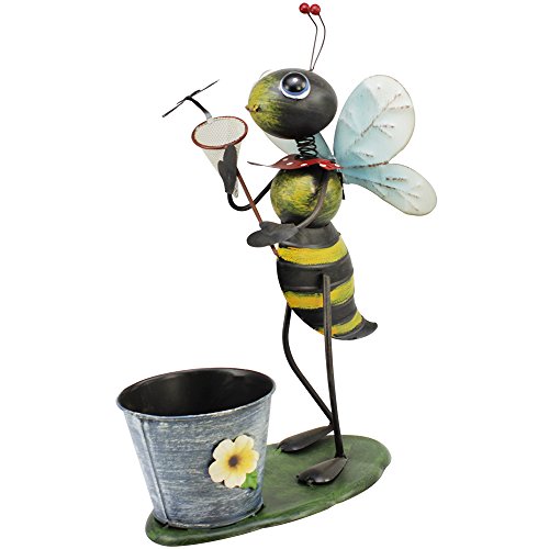 COM-FOUR® Dekofigur „Biene mit Kescher“, Gartenfigur aus bunt lackiertem Metall und Pflanztopf im Bienen-Design, ca. 41x34x21cm - 5