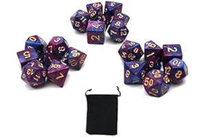 DollaTek Zestaw kości wielościennych, gry stołowe, 3 zestawy kości 3 x 7 (21 sztuk), seria matryc, D20, D12, D10, D8, D6, D4, DND, DND, RPG, MTG, podwójne kolory, jedna sztuka (fioletowy i niebieski)