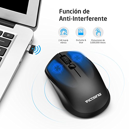 VICTSING Rat  n Inal  mbrico   ptico 2 4G Portatil  1600 dpi 3 Niveles Adjustable y Ultra Ahorro de Energ  a con Receptor USB para Macbook  PC  Ordenador Port  til- Negro
