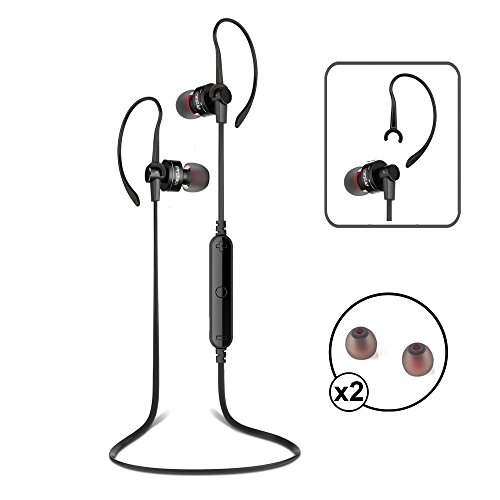 PROT3CH® Auriculares inalámbricos Bluetooth 4.0 con cancelación de ruido CVC 6.0 Sonido estéreo HD y micrófono para llamadas de manos libres. Deporte. Correr. Auriculares. Conjunto de auriculares para iPhone 5 5c 5s 6 6s 6 Plus Samsung S 5 6 y smartphones Android + 2 conjuntos extra de almohadillas para el oído