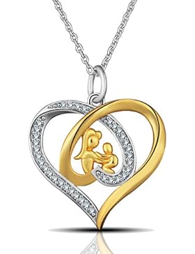 Eudora Mütter Liebe 925 Sterling Silber Schmuck Kubisch Zirkonia Gold überzogen Herz Anhänger Halskette mit 45cm...