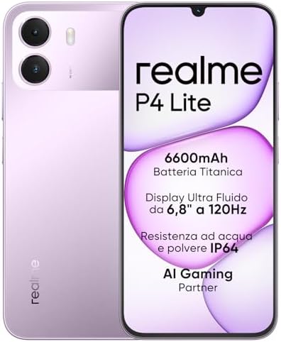 Smartphone realme P4 Lite 4G, 4GB+128GB, Display LCD HD 120Hz 6,8", Batteria Titan 6600mAh, Ricarica 15W, Ricarica inversa 6W, IP64, Sistema Next AI, Viola Pulse (Senza caricabatterie)