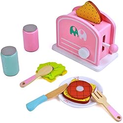 yoptote Cuisine en Bois Enfant - Grille Pain Bois Accessoire Cuisine Jeu D'imitation Enfant Jouet Machine a Pain Petit Dejeuner Enfant (Rose)