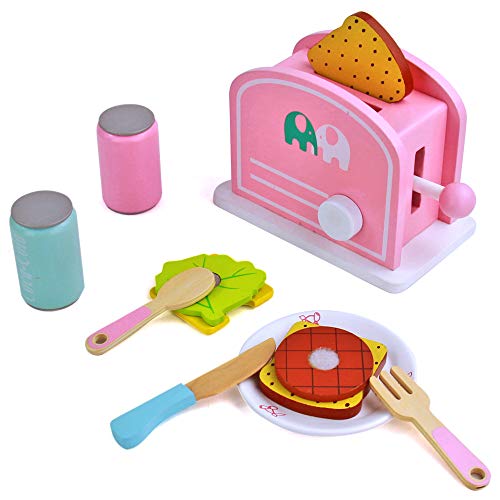 yoptote Cuisine en Bois Enfant - Grille Pain Bois Accessoire Cuisine Jeu D'imitation Enfant Jouet Machine a Pain Petit Dejeuner Enfant (Rose)
