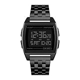 Herrenuhren Multifunktion Outdoor Rechteckig Metall Zifferblatt Digital Armbanduhren für Herren Edelstahlband Business Sport, Schwarz