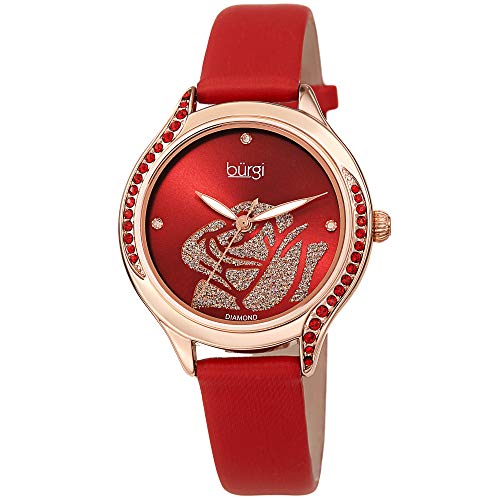 Burgi Swarovski Colorful Crystals Women's Watch - Rose Cut-out Dial with Glitter Powder -Genuine Leather Skinny Strap - 4 Diamond Markers Patterned Crystal Bezel-BUR257 (Red with Red Crystals)